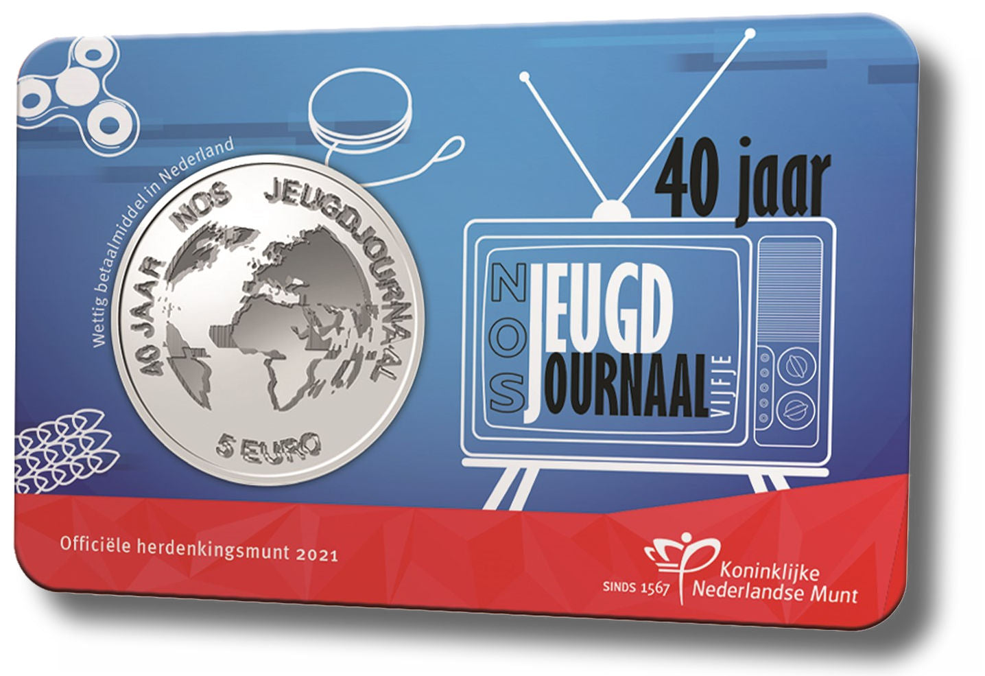 2021 - Nederland 5 Euro Coincard - 40 Jaar NOS Jeugdjournaal - UNC