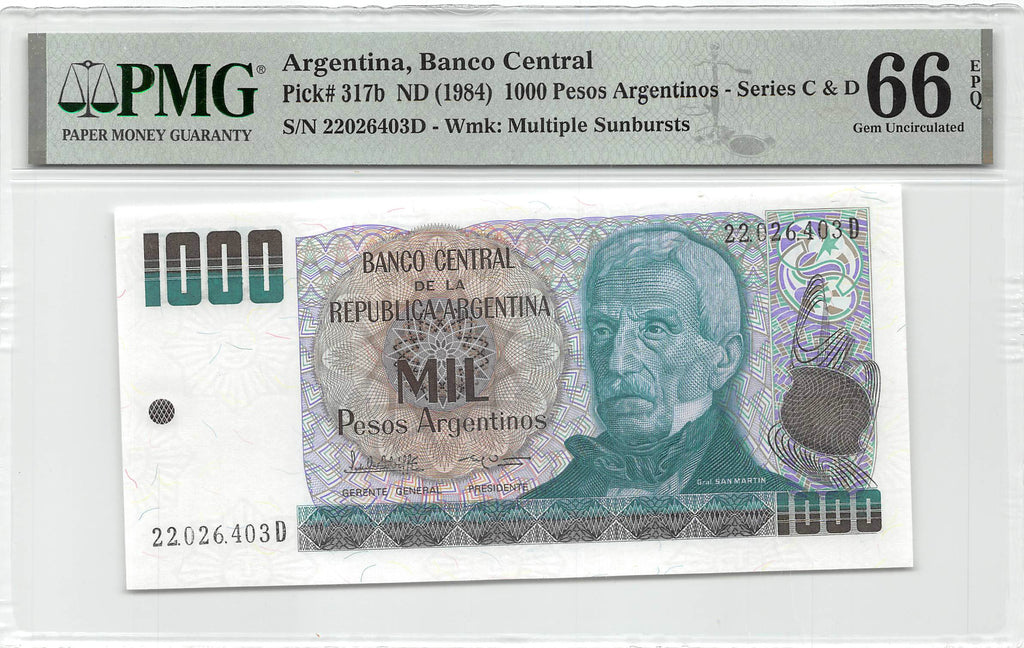 P-317b - Argentina 1000 Pesos Argentinos 1984 Unc PMG 66 EPQ