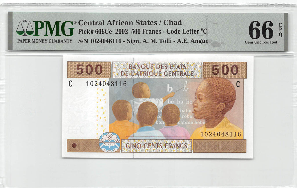 P-606Ce - Central African Stated / Chad 500 Francs 2002 Unc PMG 66 EPQ
