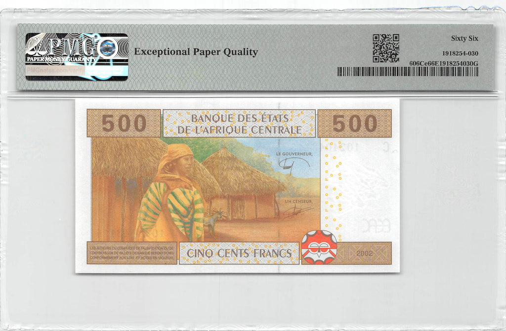 P-606Ce - Central African Stated / Chad 500 Francs 2002 Unc PMG 66 EPQ