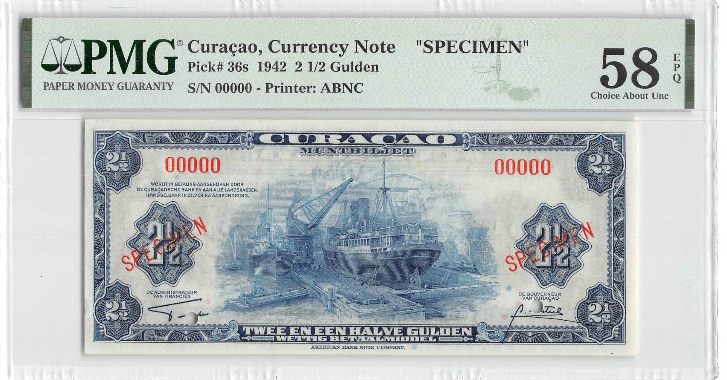 P-36s - Curacao 2½ Gulden 1942 Unc Specimen PMG 58 EPQ