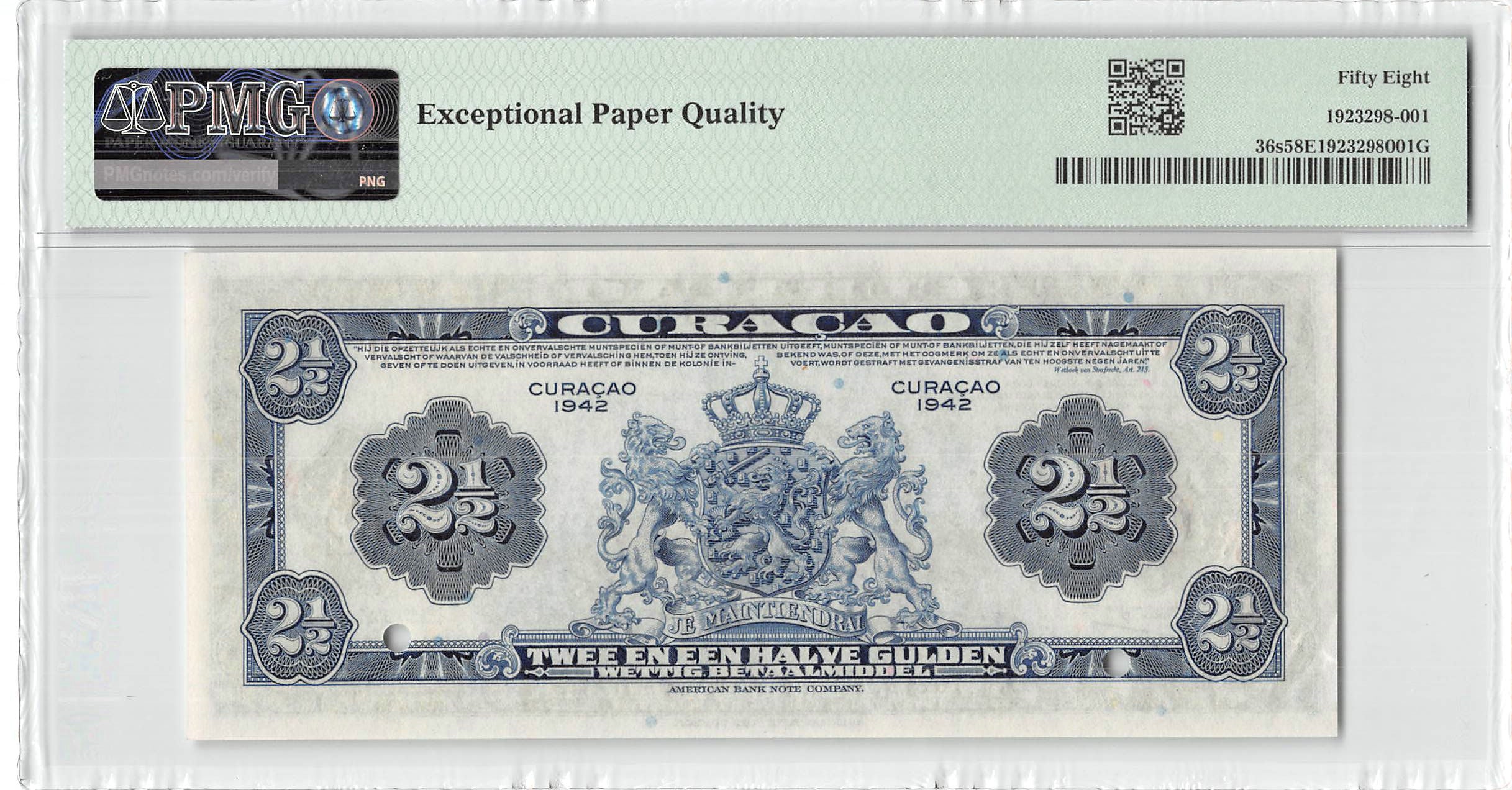 P-36s - Curacao 2½ Gulden 1942 Unc Specimen PMG 58 EPQ