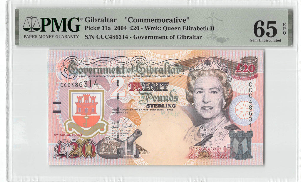 P-031a Gibraltar 20 Pounds 2004 Unc PMG 65 EPQ