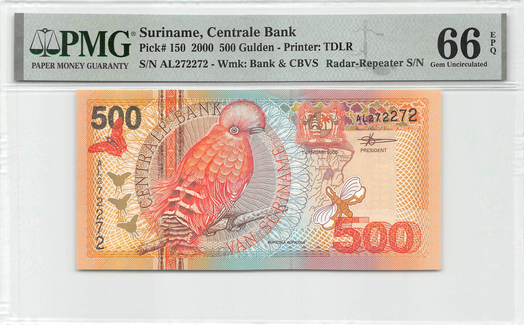 P-150 Suriname 500 Gulden 2000 Unc RADAR serial PMG 66 EPQ