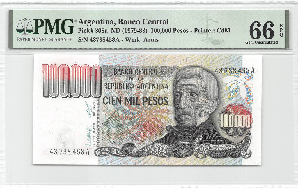 P-308a - Argentina 100.000 Pesos Ley 1979 Unc PMG 66 EPQ