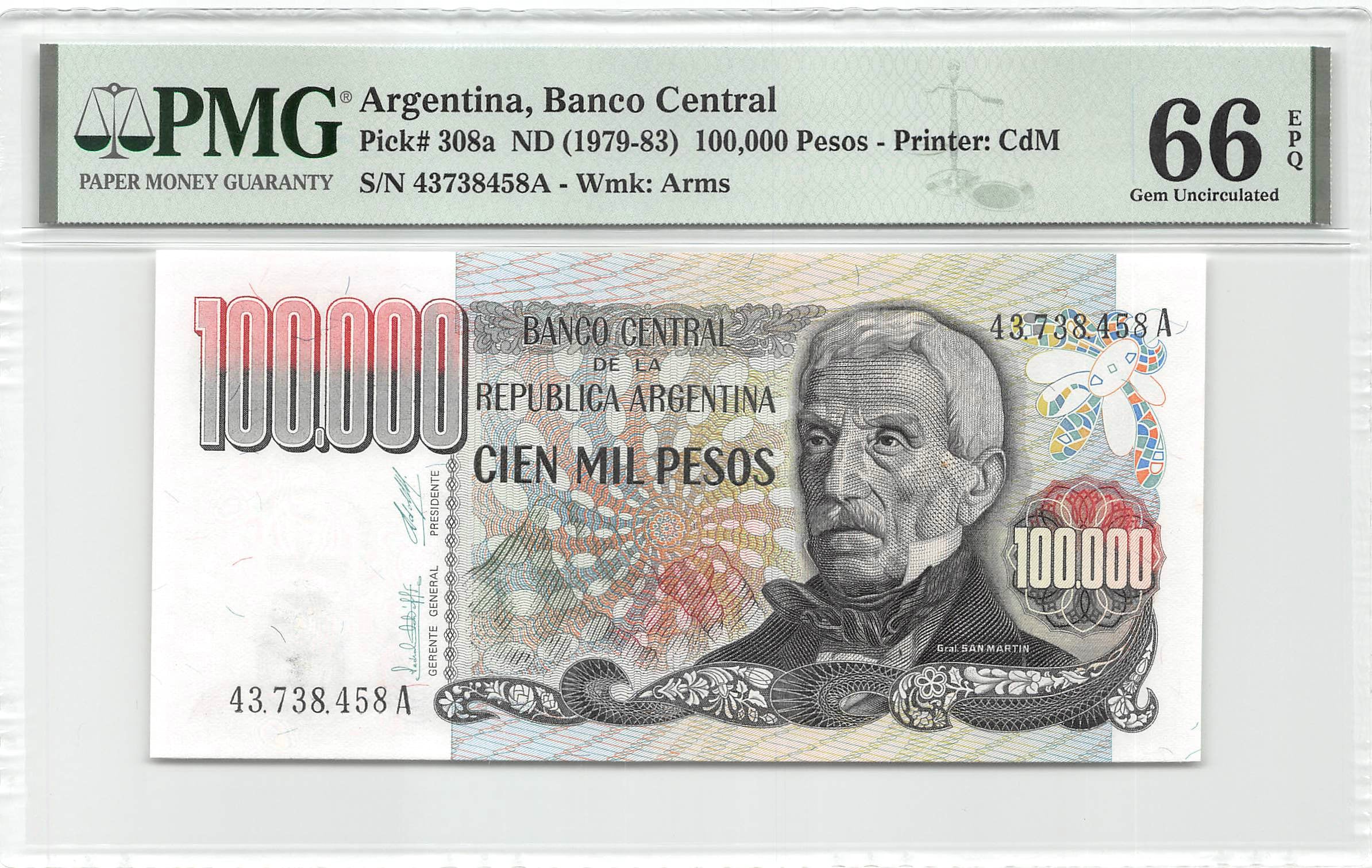 P-308a - Argentina 100.000 Pesos Ley 1979 Unc PMG 66 EPQ