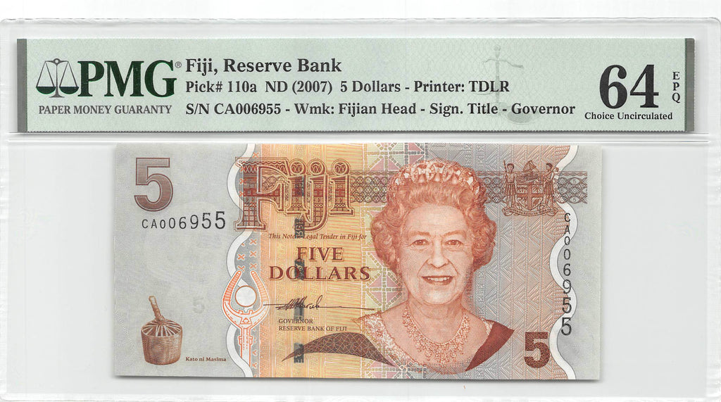 P-110a Fiji Islands 5 Dollars 2007 Unc PMG 64 EPQ