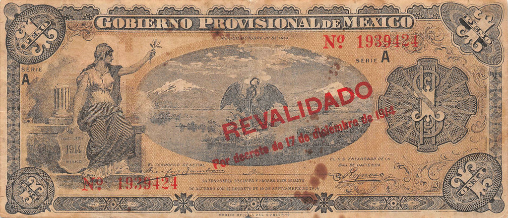 P-S701b Mexico 1 Peso 1914 Vf