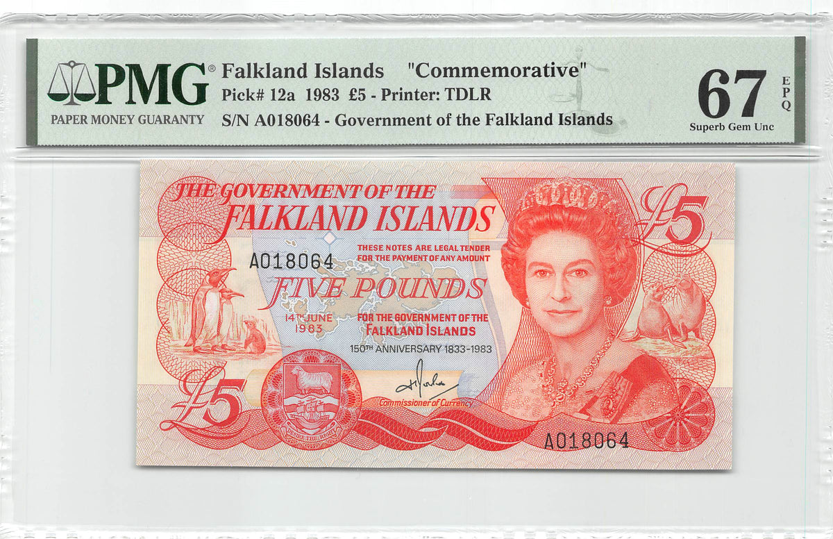 P-012a Falkland Islands 5 Pounds 1983 Unc PMG 67 EPQ