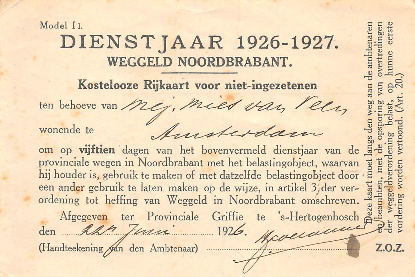 Nederland - Weggeld Noord Brabant 1926-1927 Xf