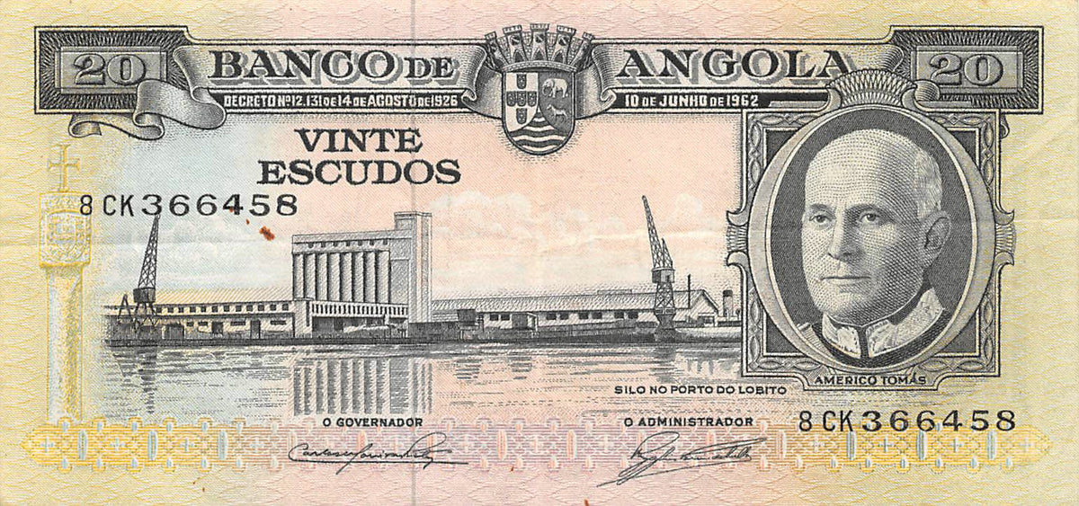 P-92a Angola 20 Escudos 1962 Vf