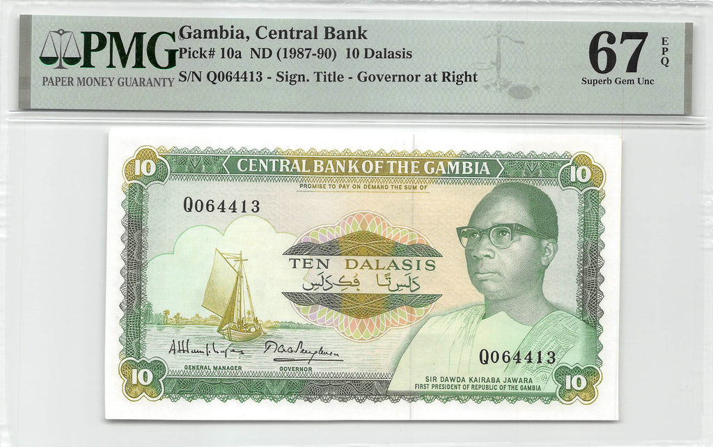 P-010a Gambia 10 Dalasis 1987 Unc PMG 67 EPQ