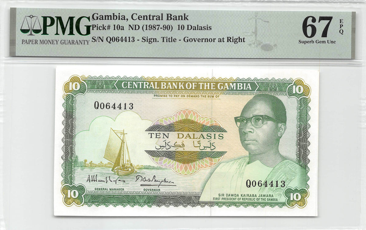 P-010a Gambia 10 Dalasis 1987 Unc PMG 67 EPQ