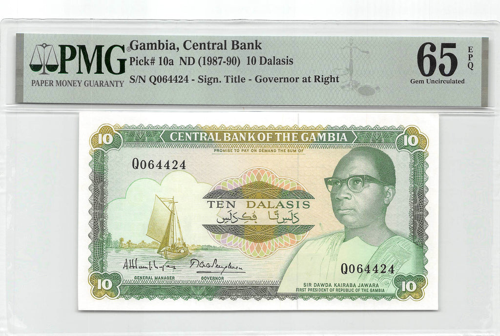 P-010a Gambia 10 Dalasis 1987 Unc PMG 65 EPQ