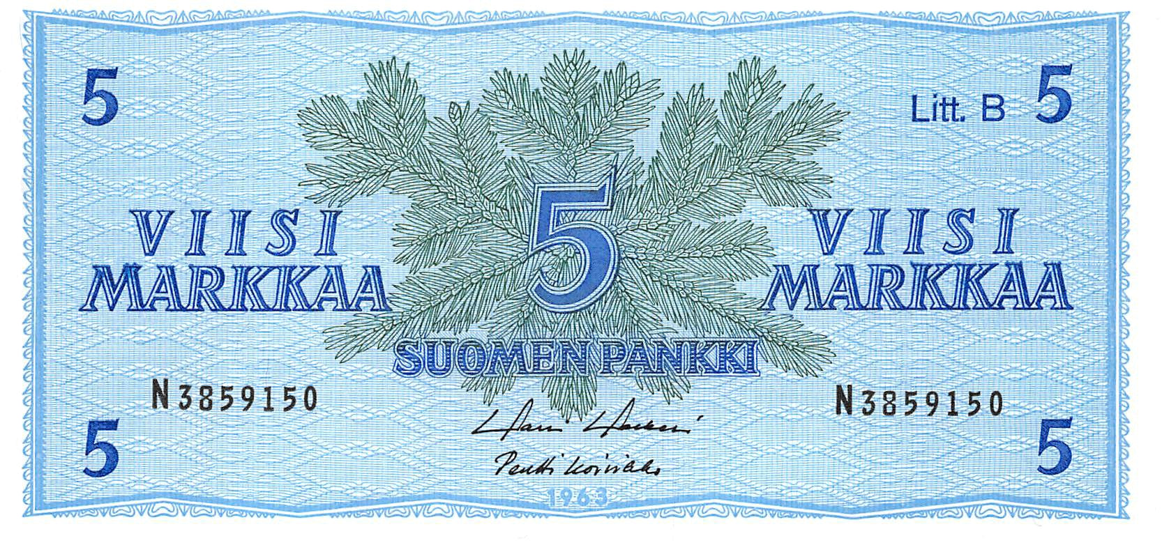 P-106Aa - Finland 5 Markkaa 1963 Unc Litt. B