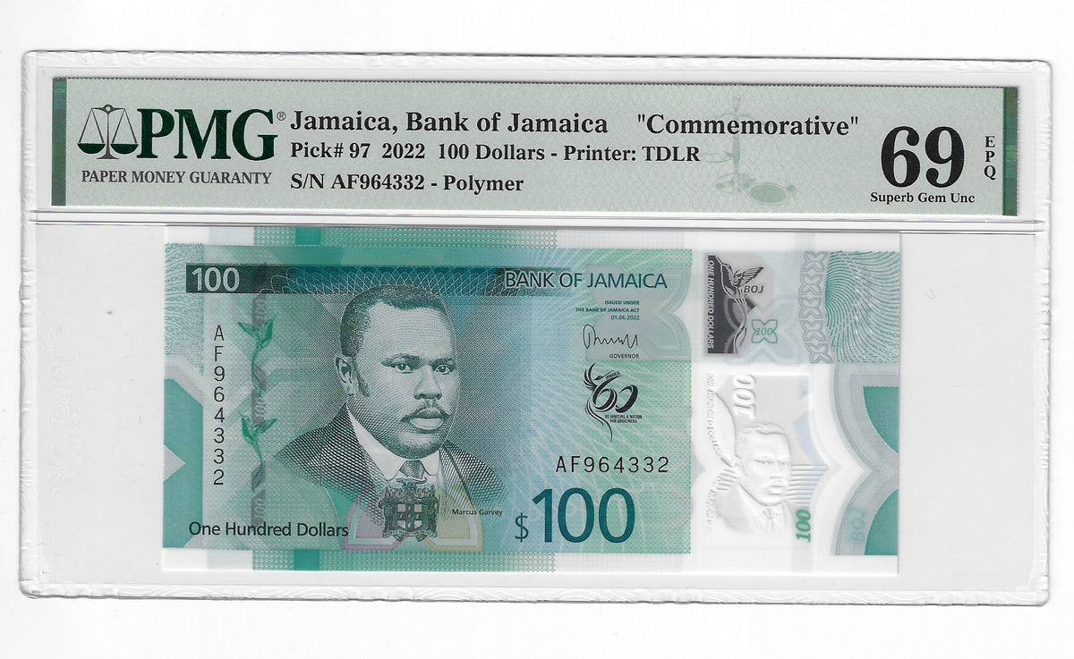 Jamaica 100 Dollars 2022 Unc Polymer PMG 69