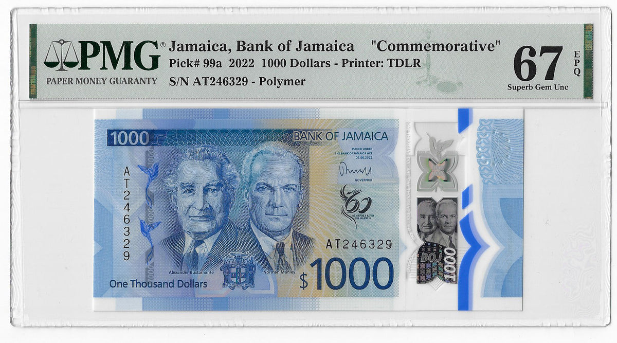 Jamaica 1000 Dollars 2022 Unc Polymer PMG 67