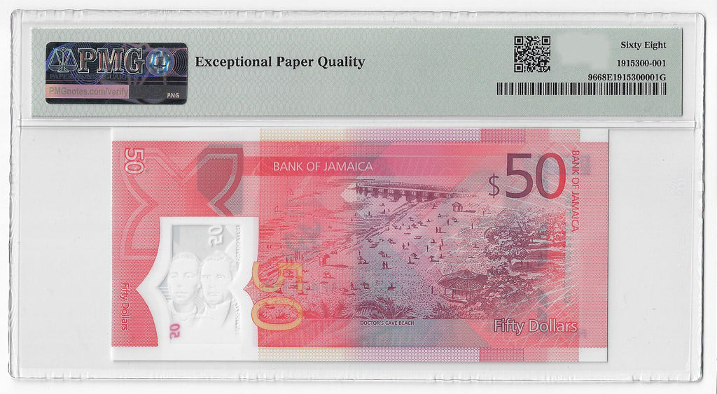 Jamaica 50 Dollars 2022 Unc Polymer PMG 68