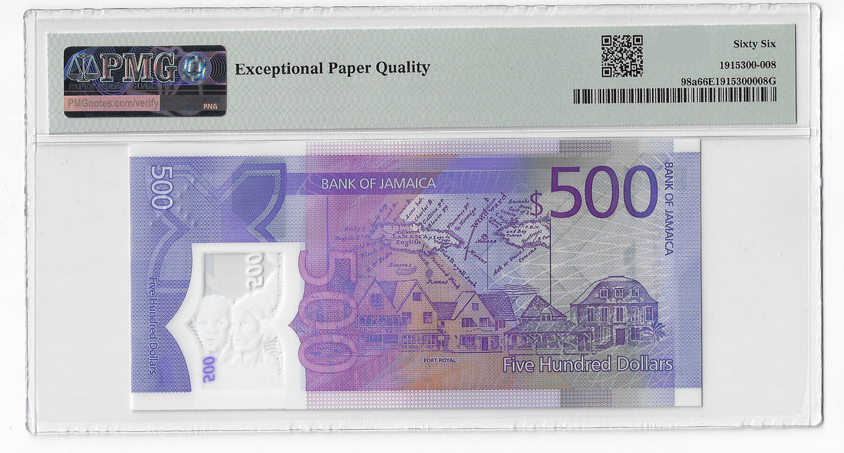 Jamaica 500 Dollars 2022 Unc Polymer PMG 66