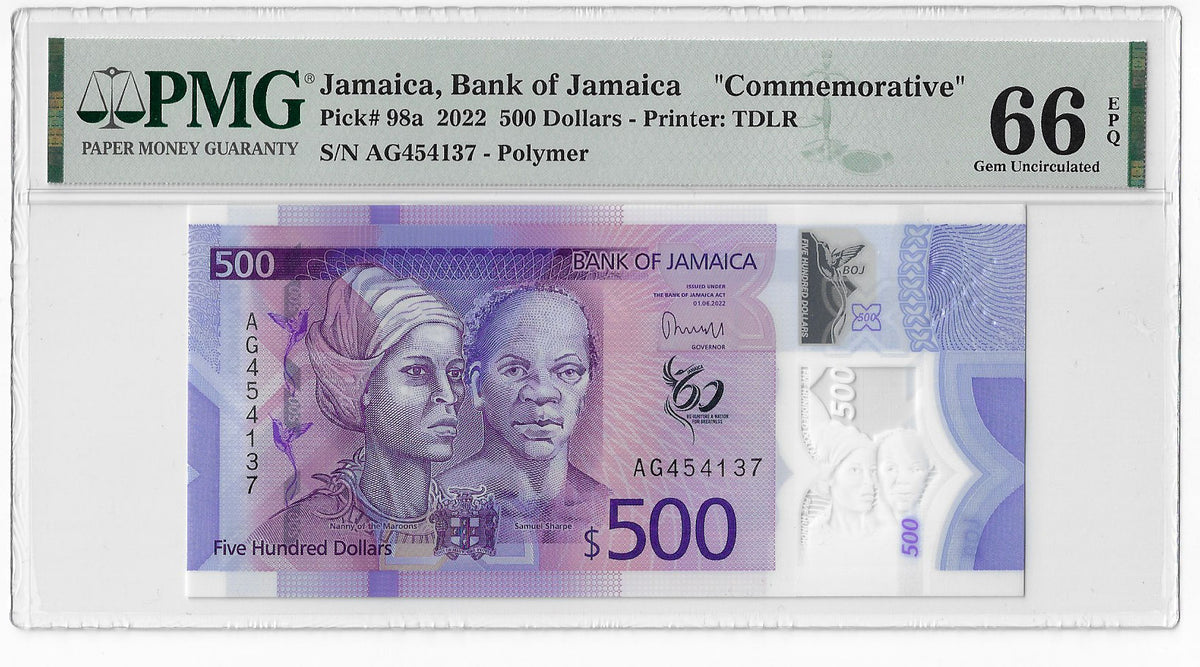 Jamaica 500 Dollars 2022 Unc Polymer PMG 66