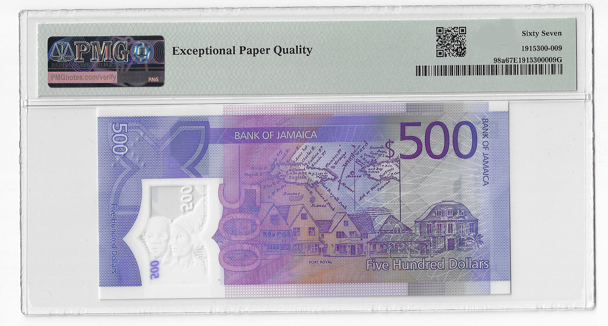 Jamaica 500 Dollars 2022 Unc Polymer PMG 67