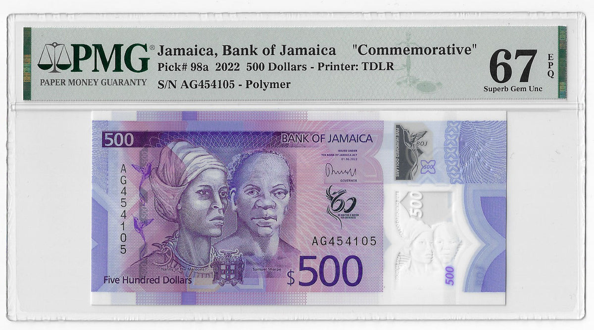 Jamaica 500 Dollars 2022 Unc Polymer PMG 67