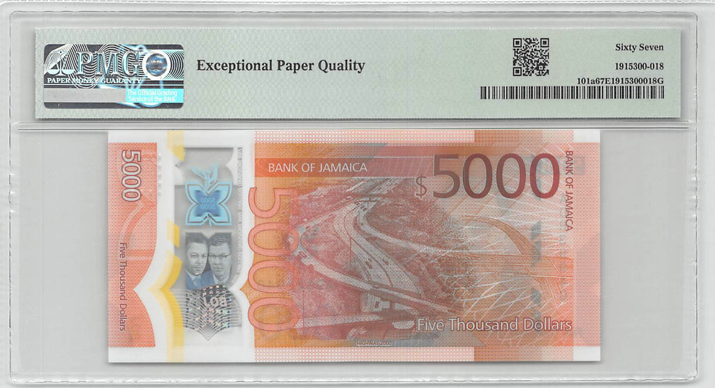 Jamaica 5000 Dollars 2022 Unc Polymer PMG 67