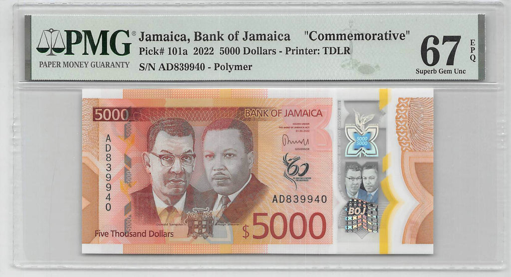 Jamaica 5000 Dollars 2022 Unc Polymer PMG 67