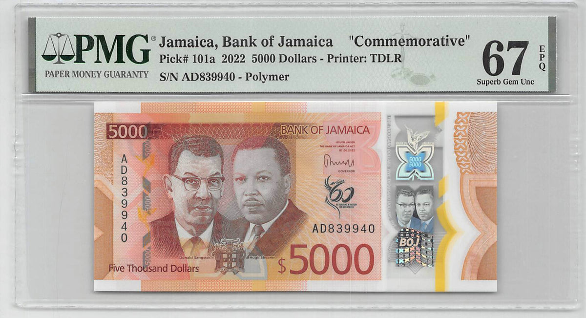 Jamaica 5000 Dollars 2022 Unc Polymer PMG 67