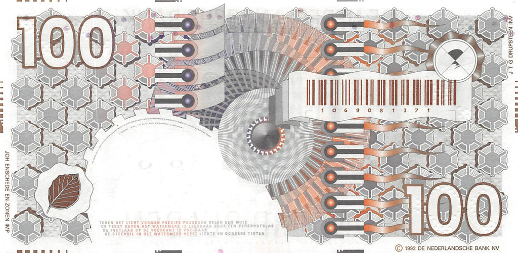 P-101a.2 Nederland 100 Gulden 1992 Unc Lichtbruine barcode - grote ©