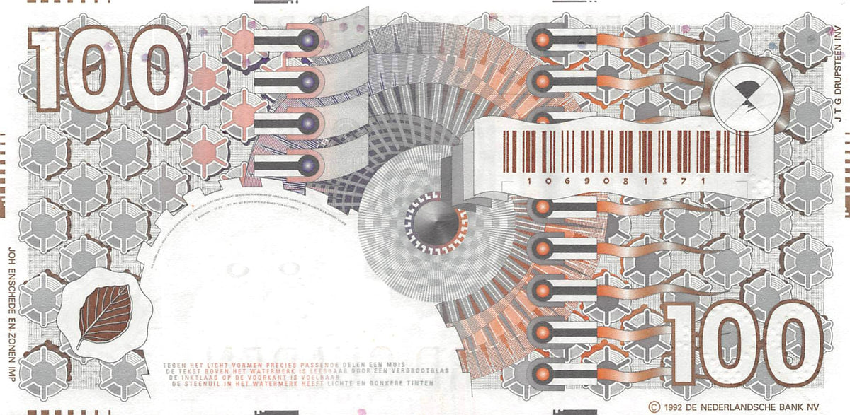 P-101a.2 Nederland 100 Gulden 1992 Unc Lichtbruine barcode - grote ©
