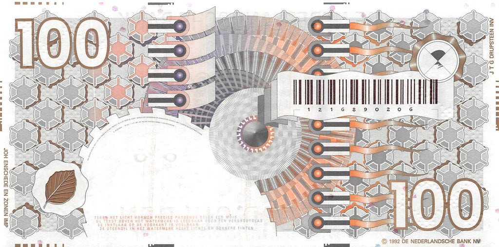 P-101a.3 Nederland 100 Gulden 1992 Unc Donkerbruine barcode - kleine ©