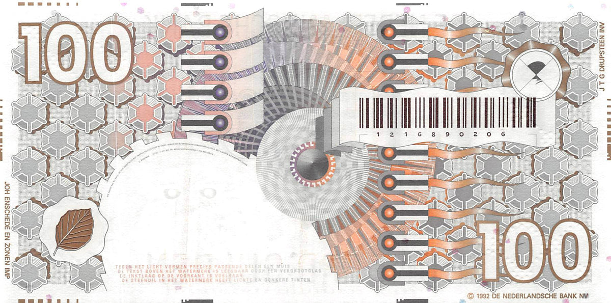 P-101a.3 Nederland 100 Gulden 1992 Unc Donkerbruine barcode - kleine ©