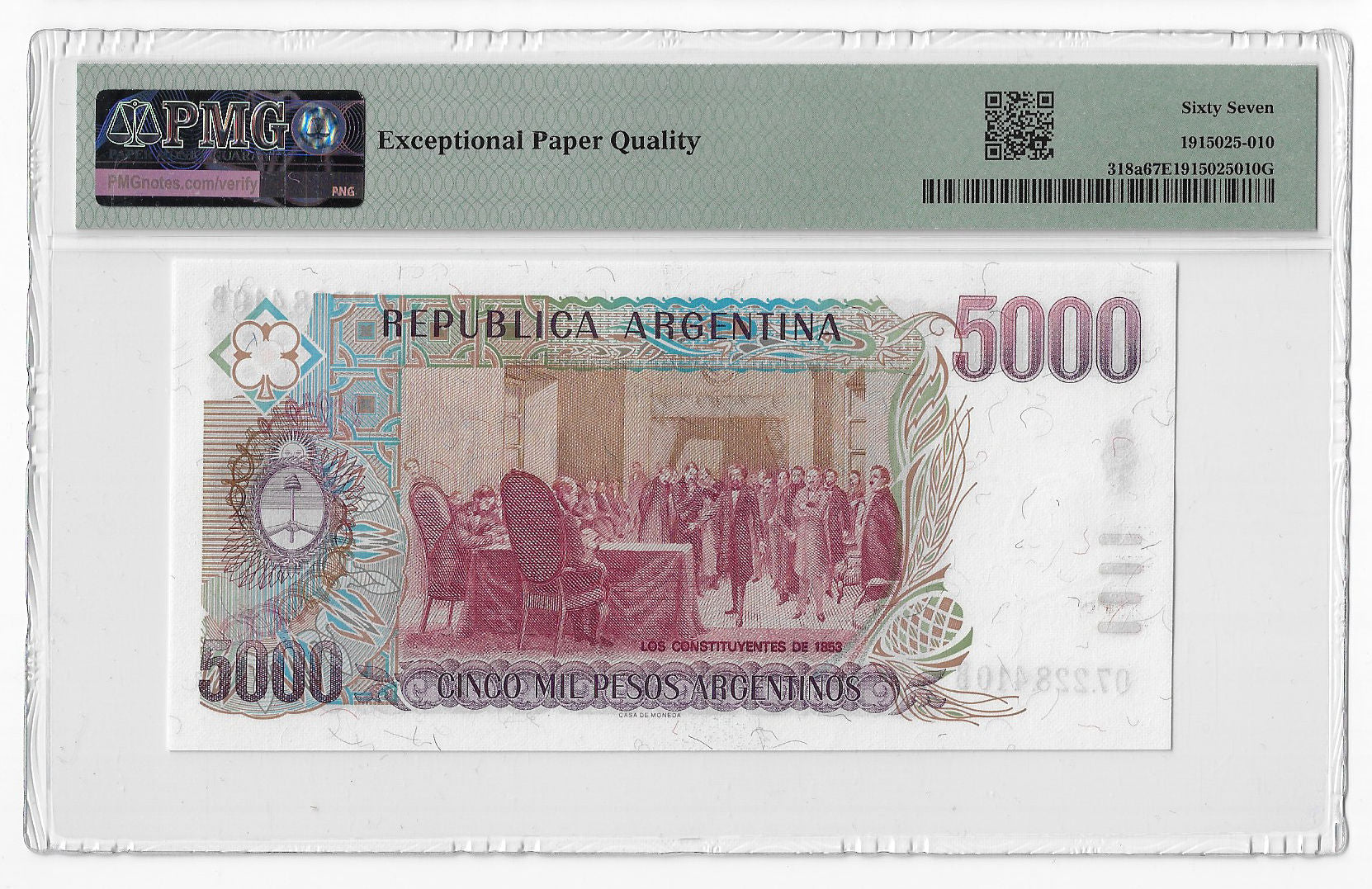 P-318a - Argentina 5000 Pesos Argentinos 1985 Unc PMG 67 EPQ