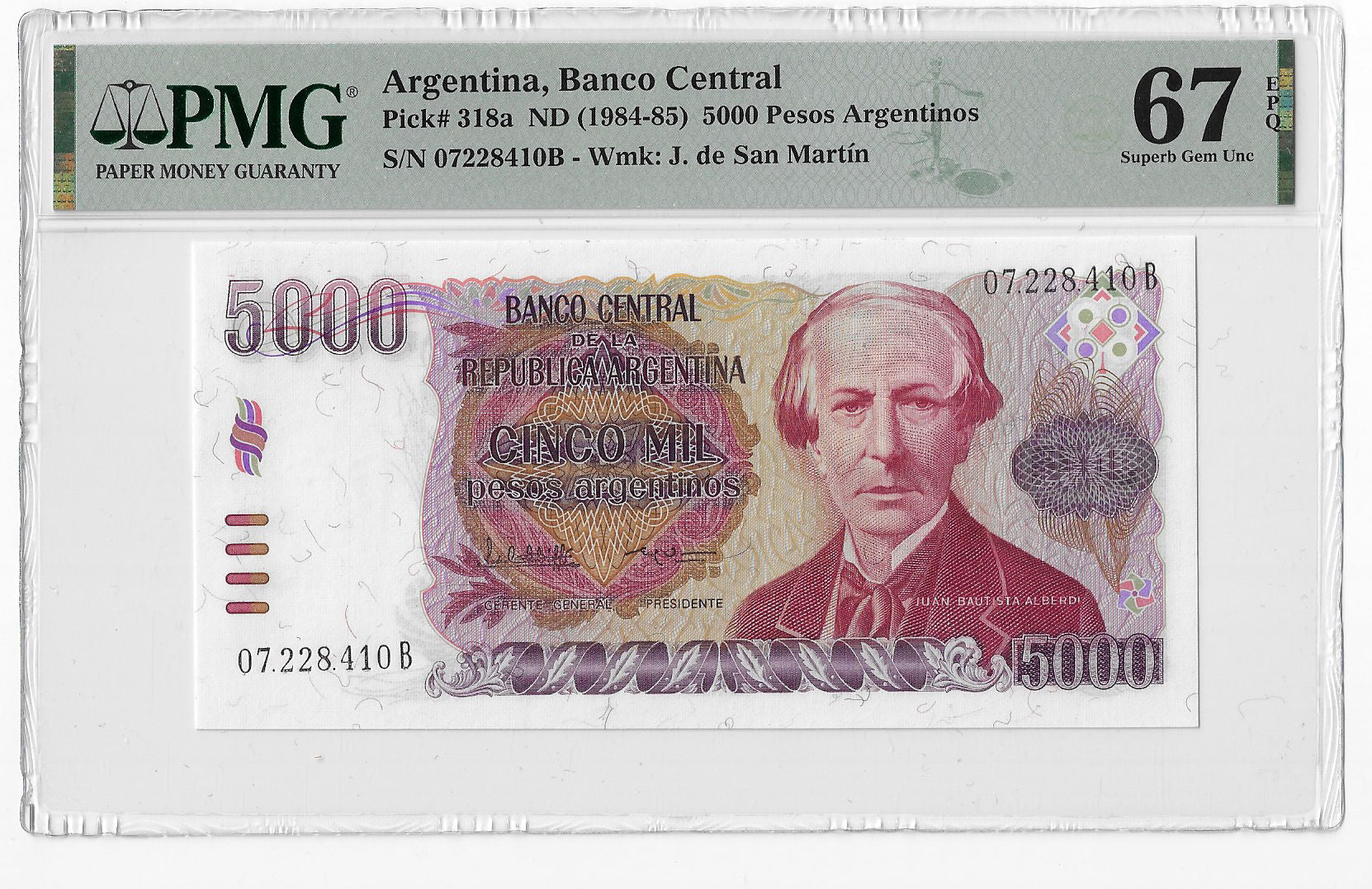 P-318a - Argentina 5000 Pesos Argentinos 1985 Unc PMG 67 EPQ