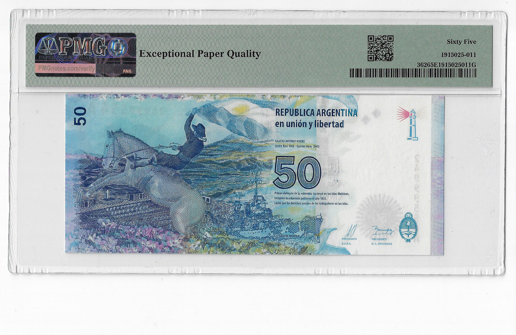P-362a - Argentina 50 Pesos 2015 Unc PMG 65 EPQ