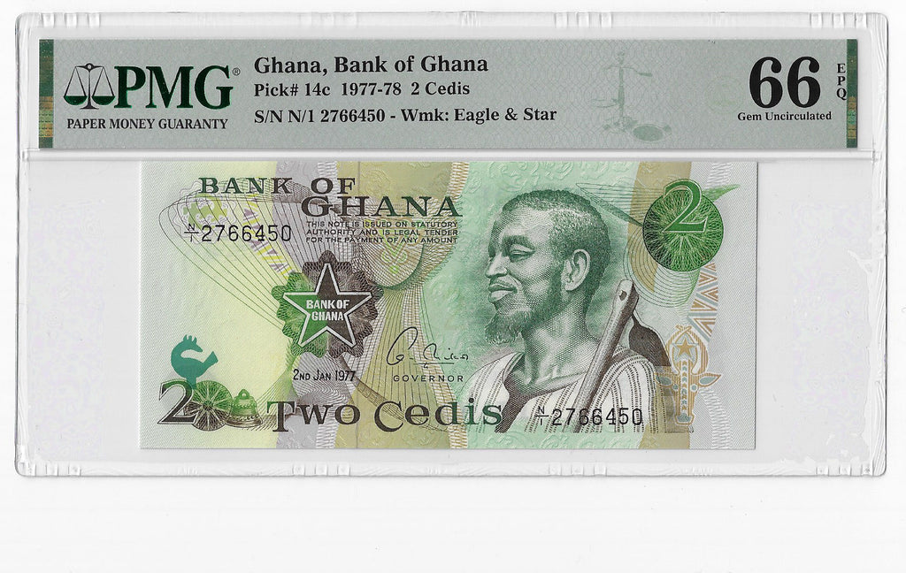 P-014c.1 Ghana 2 Cedi 1977 Unc PMG 66 EPQ