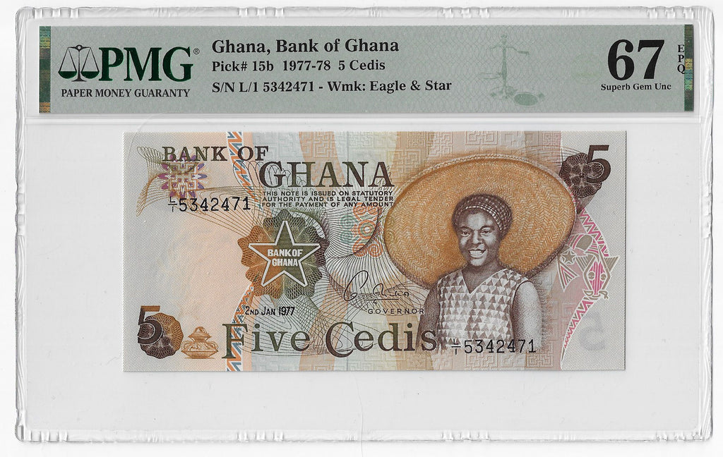 P-015b.1 Ghana 5 Cedis 1977 Unc PMG 67 EPQ