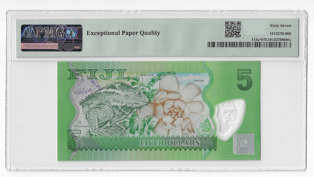 Fiji Islands 5 Dollars 2013 Unc Polymer Replacement PMG 67 EPQ