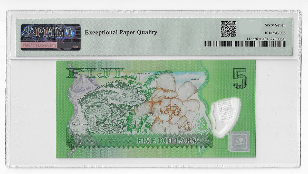 Fiji Islands 5 Dollars 2013 Unc Polymer Replacement PMG 67 EPQ