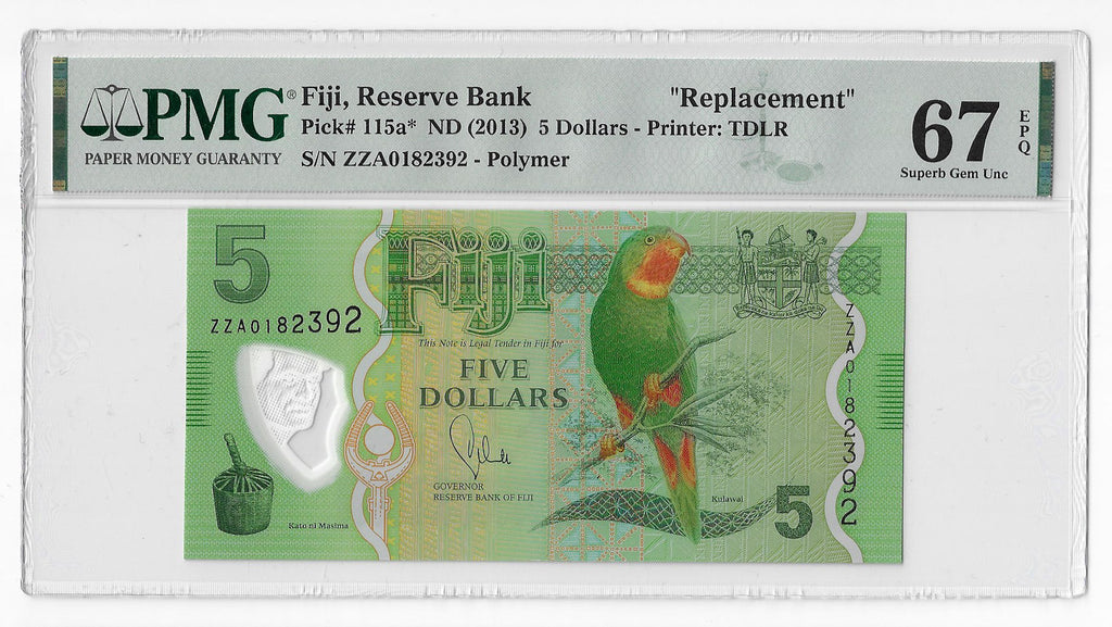 Fiji Islands 5 Dollars 2013 Unc Polymer Replacement PMG 67 EPQ