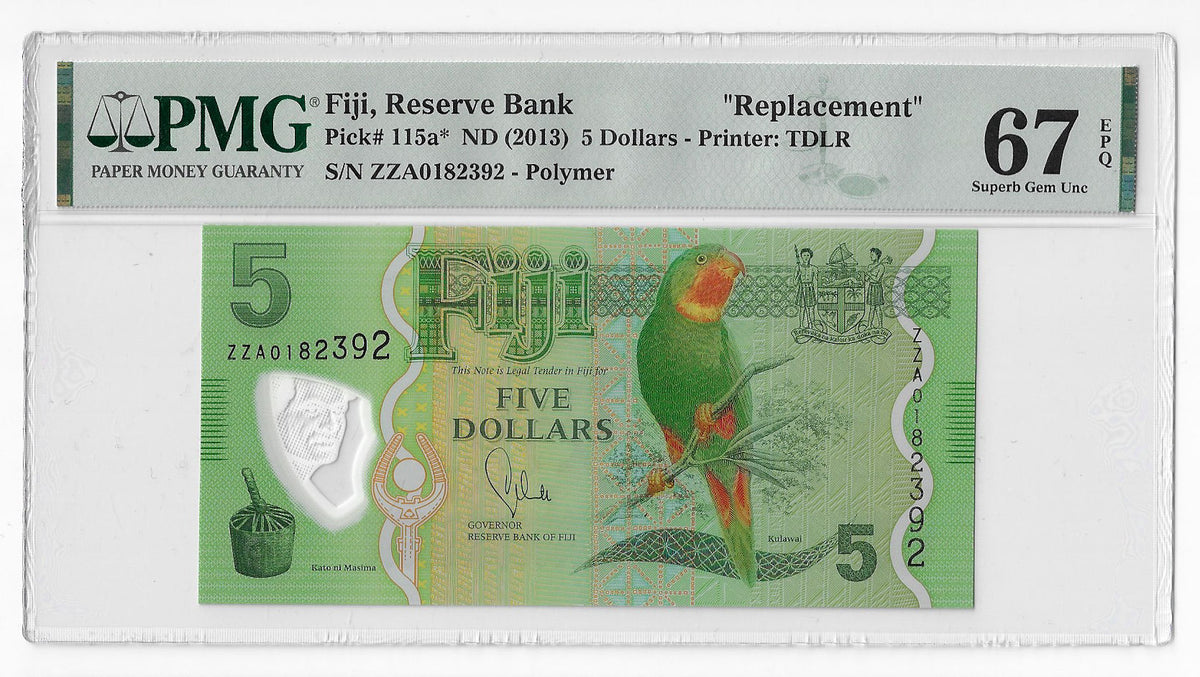 Fiji Islands 5 Dollars 2013 Unc Polymer Replacement PMG 67 EPQ