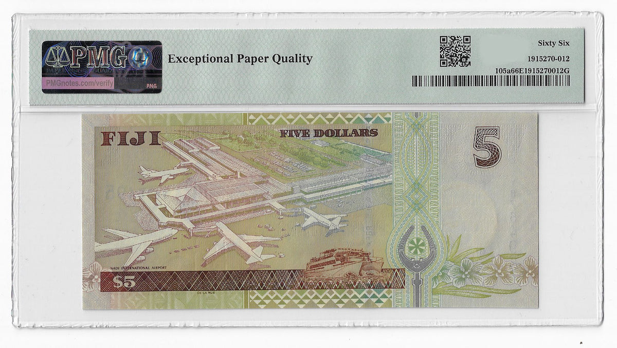 P-106a Fiji Islands 5 Dollars 2002 Unc PMG 66 EPQ