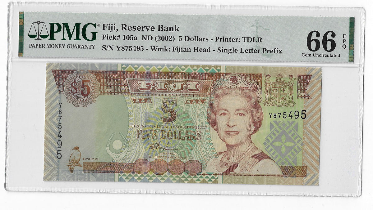 P-106a Fiji Islands 5 Dollars 2002 Unc PMG 66 EPQ