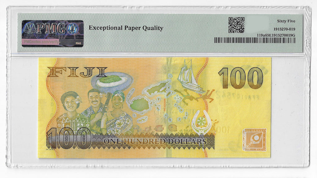 P-119a Fiji Islands 100 Dollars 2012 Unc PMG 65 EPQ