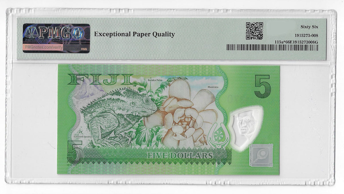 P-115ar Fiji Islands 5 Dollars 2013 Unc Polymer Replacement PMG 66 EPQ