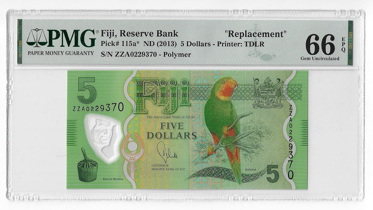 P-115ar Fiji Islands 5 Dollars 2013 Unc Polymer Replacement PMG 66 EPQ
