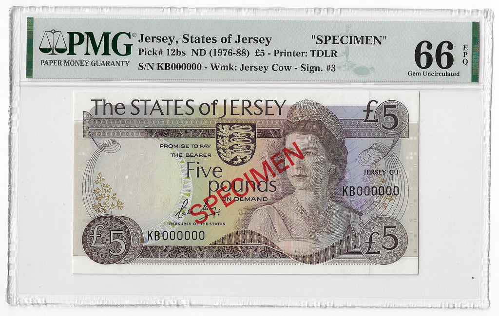 Jersey P-12bs 5 Pounds 1976 Specimen Unc PMG 66 EPQ