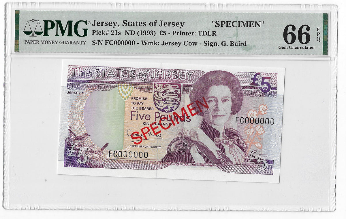 Jersey P-21s 5 Pounds 1993 Specimen Unc PMG 66 EPQ