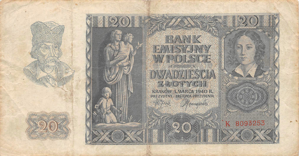 P-095a Polen 20 Zlotych 1940 Vf - WWII